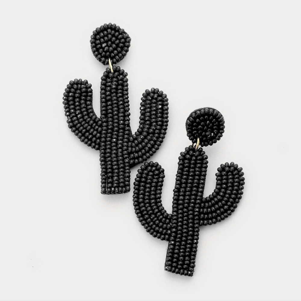Beaded Black Cactus Dangle Earrings Fun Shaped Felt Back Drop Statement Jewelry